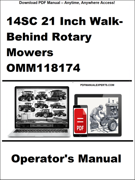 Operator's manual for 14SC 21 Inch Walk-Behind Rotary Mowers OMM118174 on a white background with laptop and smartphone icons.