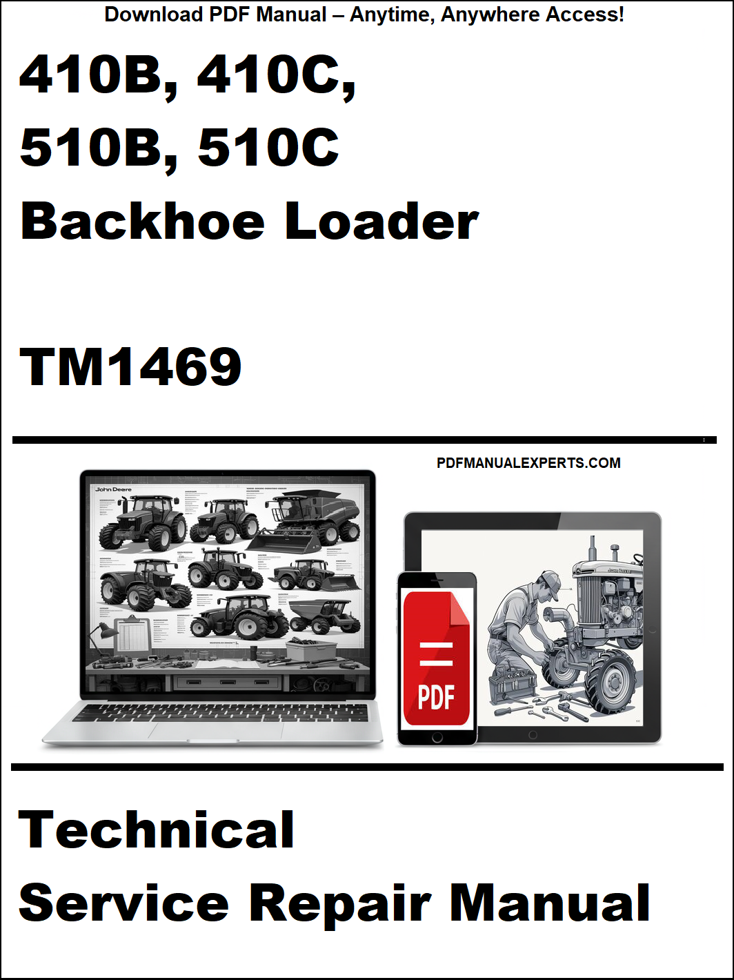 Advertisement for a technical service repair manual for backhoe loaders on a white background.