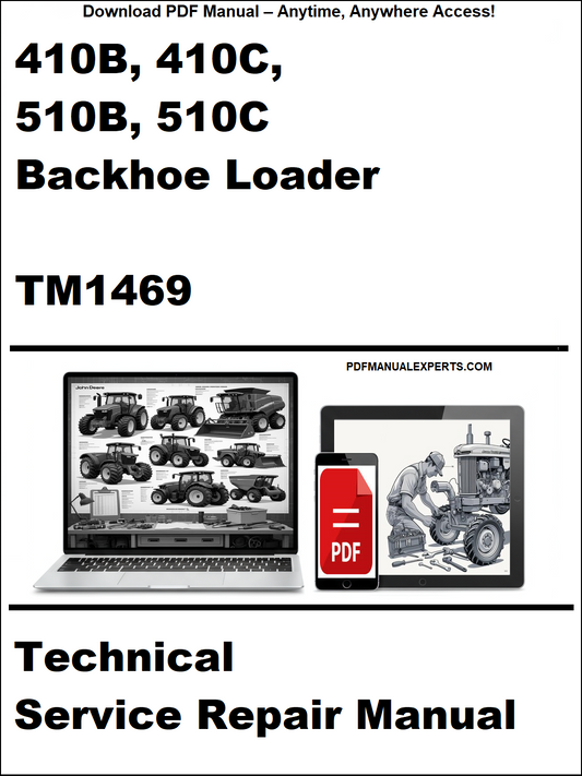 Advertisement for a technical service repair manual for backhoe loaders on a white background.