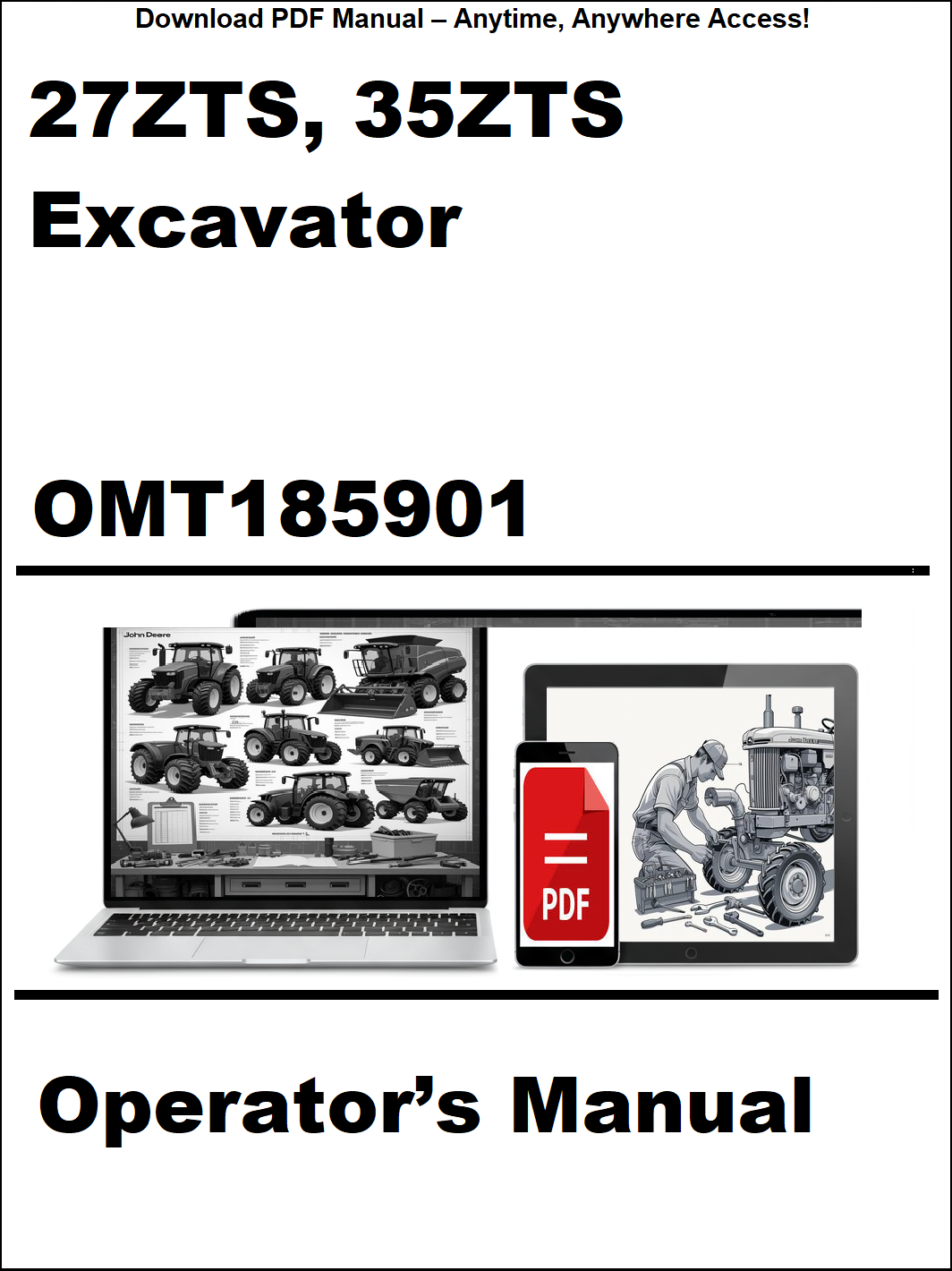 Operator's manual for 27ZTS and 35ZTS excavator with digital device icon on a white background
