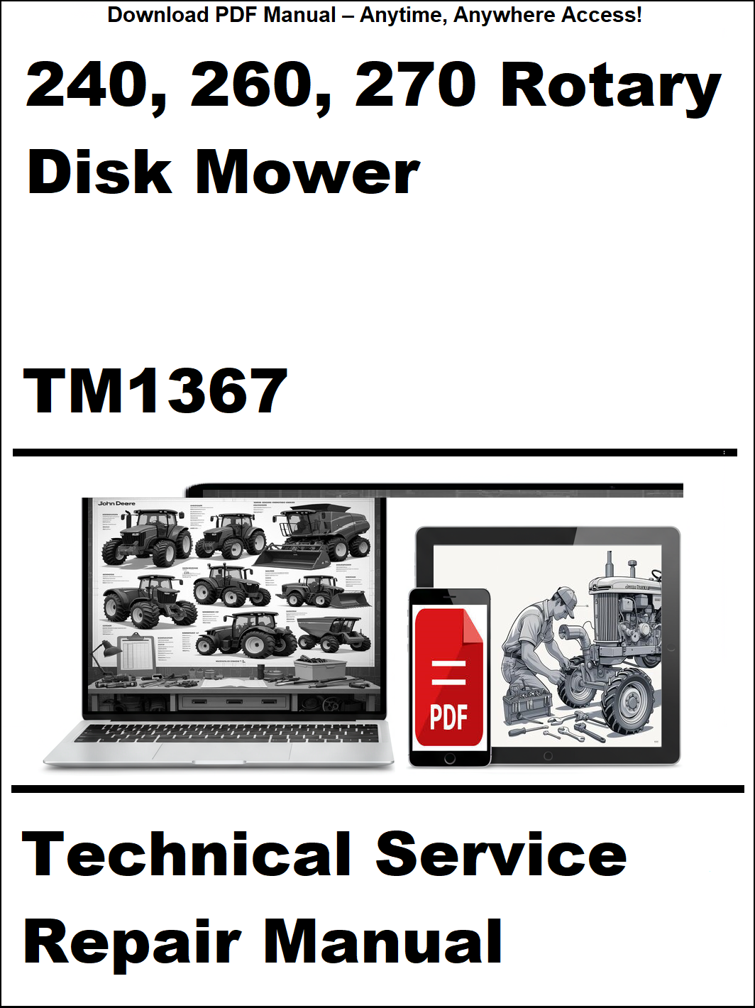 Technical service repair manual for 240, 260, 270 rotary disk mower with laptop and tractor illustration on a white background.