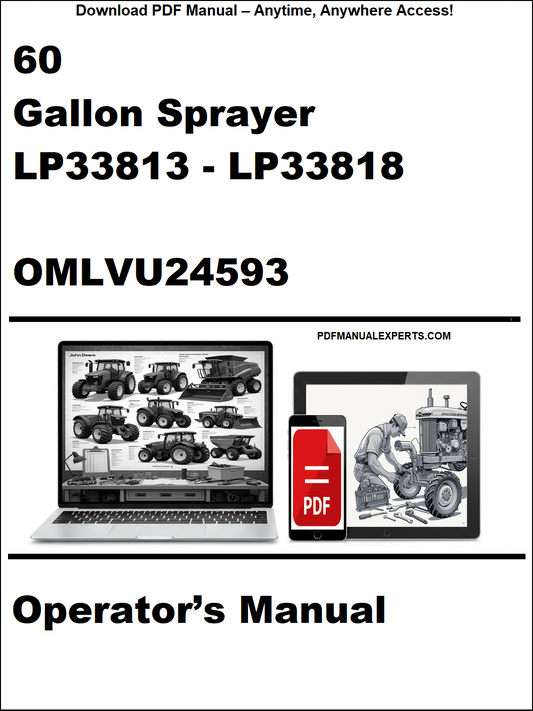 Operator's manual cover for 60 Gallon Sprayer LP33813 - LP33818 with PDF icon and website text.