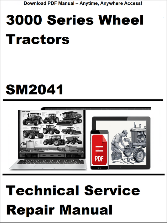 Technical service repair manual for 3000 Series Wheel Tractors with digital device and laptop illustration on a white background.