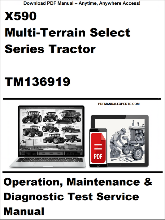 Manual cover for X590 Multi-Terrain Select Series Tractor service manual with laptop and toolbox icons.