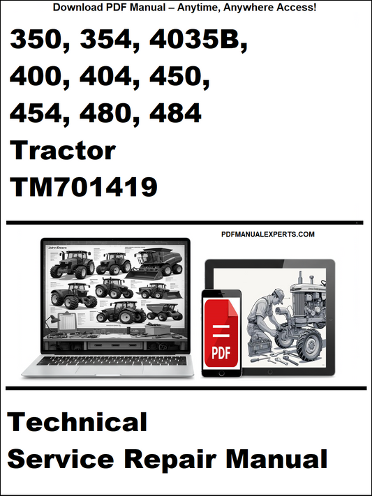 Cover of a technical service repair manual for John Deere tractors with a laptop and tractor illustration.