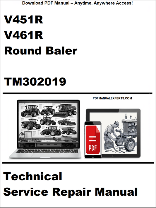 Technical service repair manual for Round Baler V451R and V461R with PDF icon and laptop illustration on a white background.