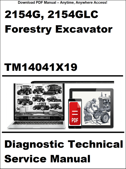 Cover of a diagnostic technical service manual for 2154G and 2154GLC forestry excavators, featuring images of a laptop and manuals on a white background.