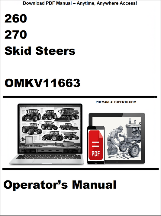 Cover of a skid steer operator's manual with a laptop and truck illustration on a white background.