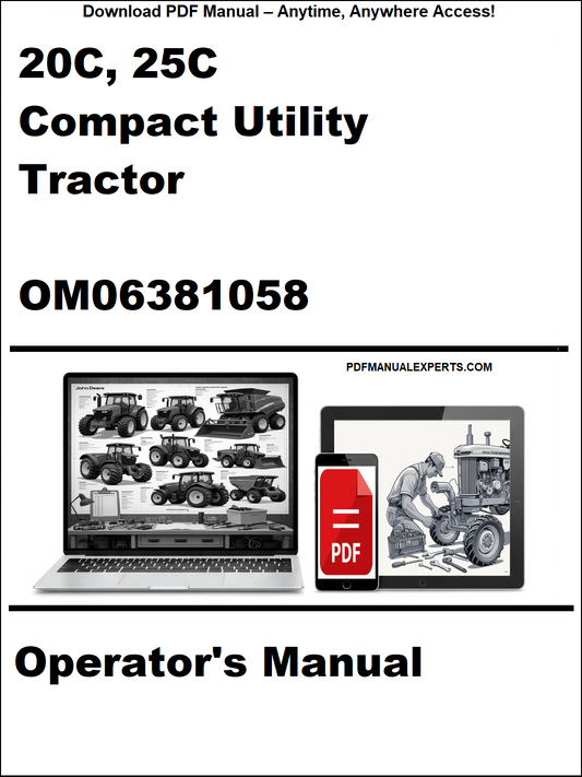 Cover of a manual for 20C, 25C Compact Utility Tractor with a laptop and tractor illustration.