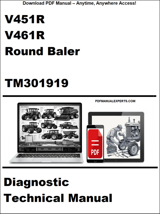 Cover of V451R, V461R Round Baler Diagnostic Technical Manual TM301919 with digital elements on a white background.