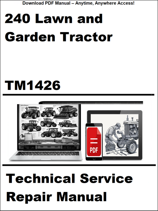 Cover of a technical service repair manual for lawn and garden tractors, featuring images of tractors and a laptop with a PDF icon.