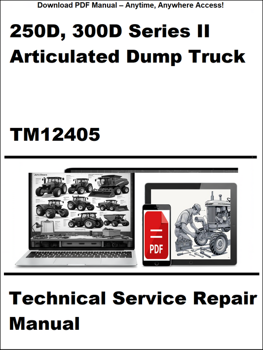 Technical service repair manual for 250D, 300D Series II Articulated Dump Truck with PDF icon and laptop graphic.