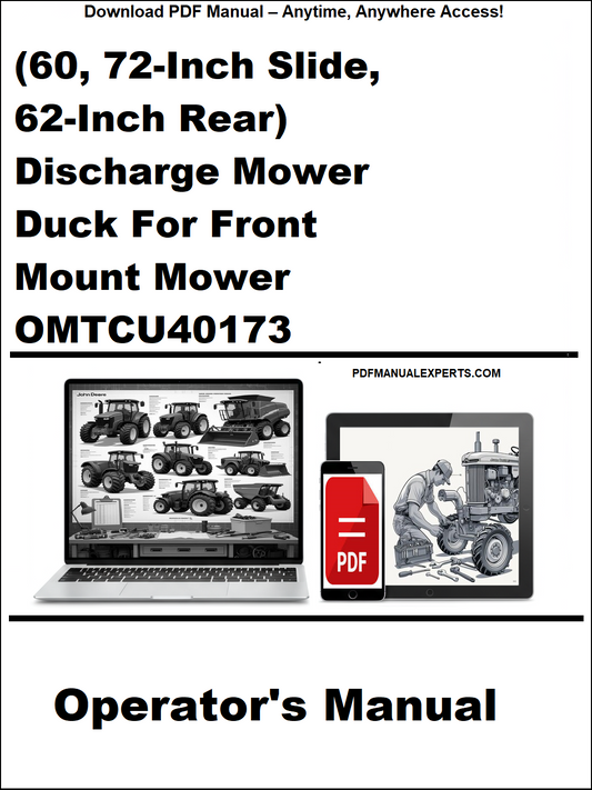 Operator's manual for a discharge mower duck with images of tractors and a PDF icon on a white background.