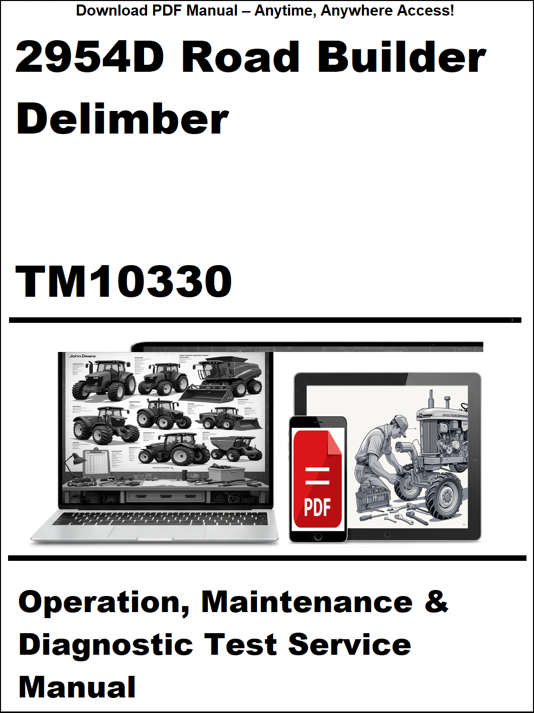 Manual cover for 2954D Road Builder Delimber TM10330 with images of tractors and a PDF icon.