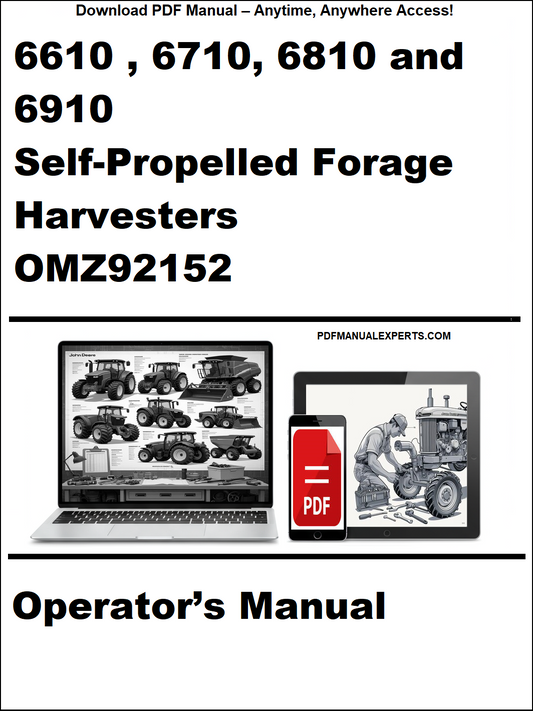 Operator's manual for 6610, 6710, 6810, and 6910 self-propelled forage harvesters with a laptop and toolbox graphic.