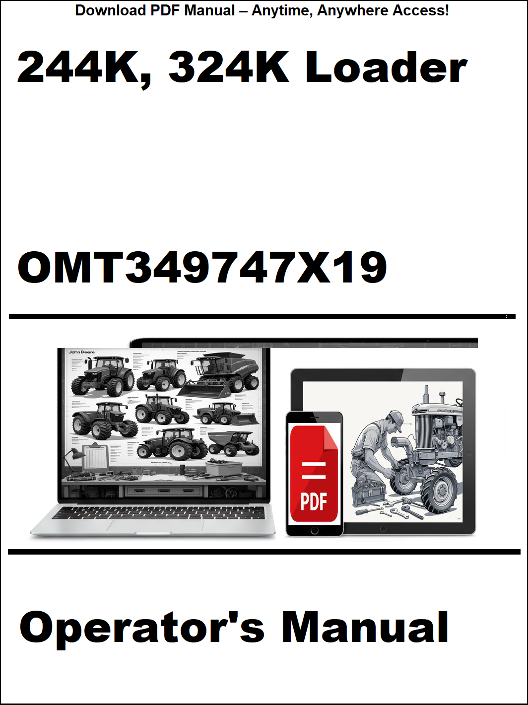 Operator's manual for 244K and 324K loader with digital download icon on a white background