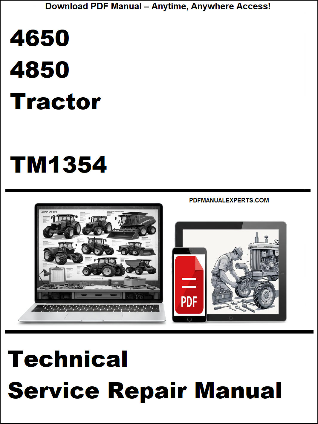 Technical service repair manual for 4650 and 4850 tractor with PDF icon and laptop illustration on a white background.
