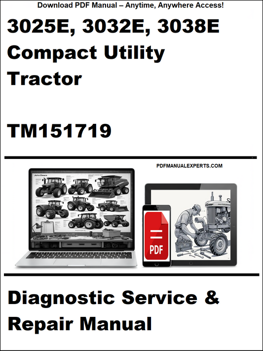Cover of a diagnostic service and repair manual for John Deere compact utility tractors, featuring a laptop and tablet with images of tractors.