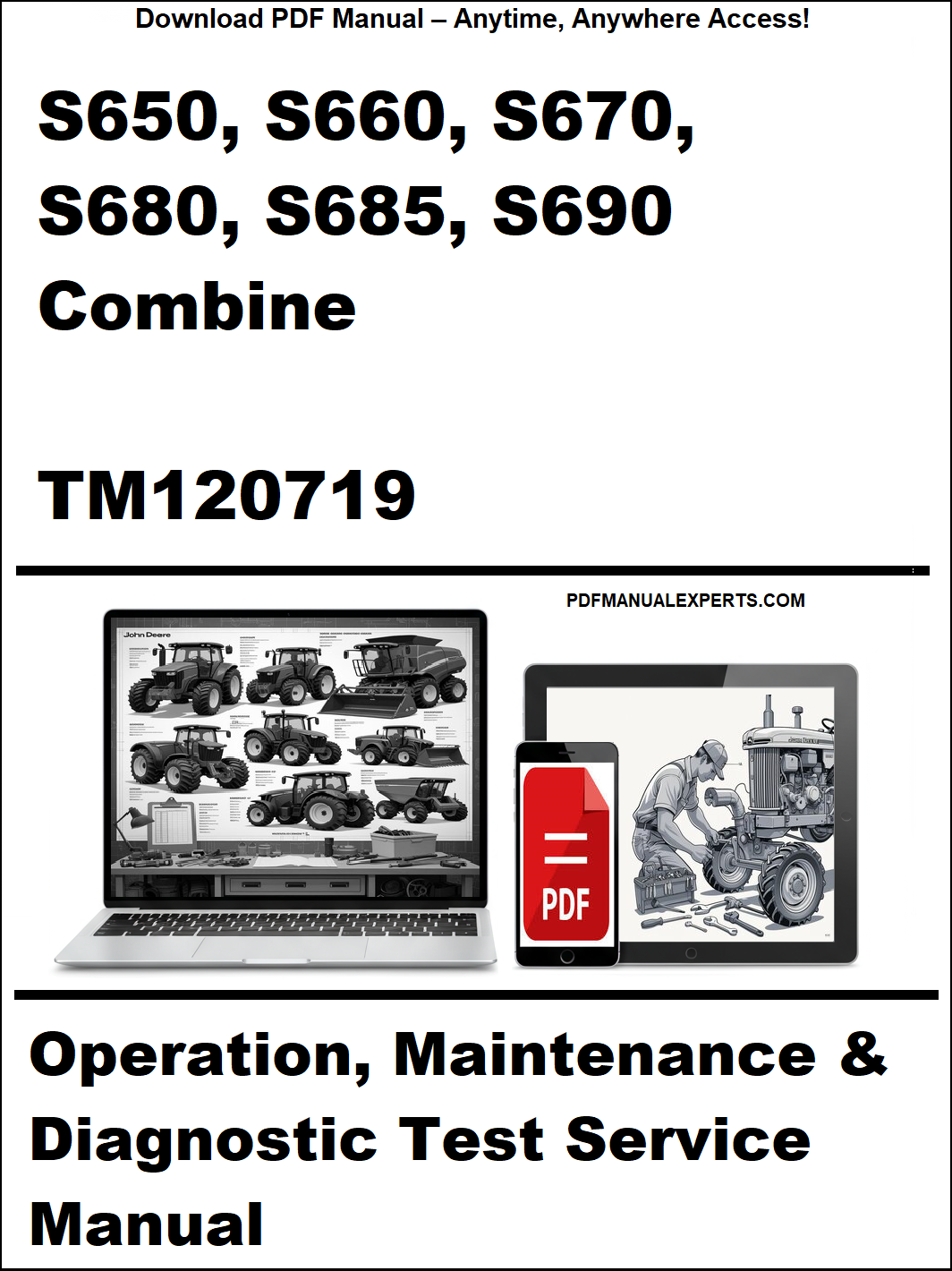 Manual cover for John Deere combine tractors with laptop and toolbox graphics.