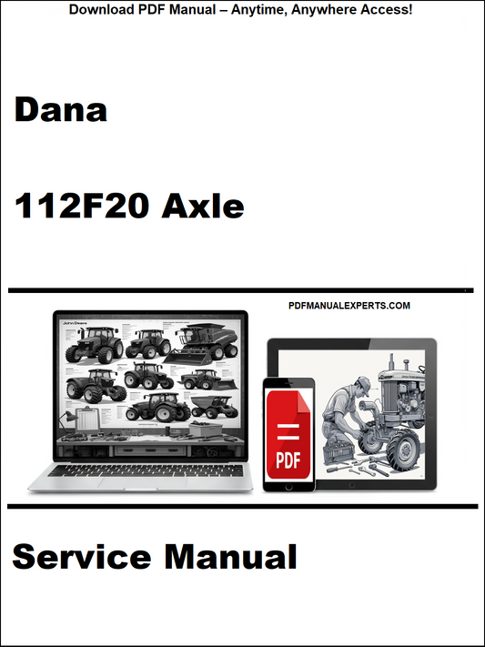 Service manual cover for Dana 112F20 Axle with laptop and truck illustration on a white background