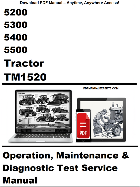 Advertisement for a tractor manual with laptop and smartphone icons on a white background