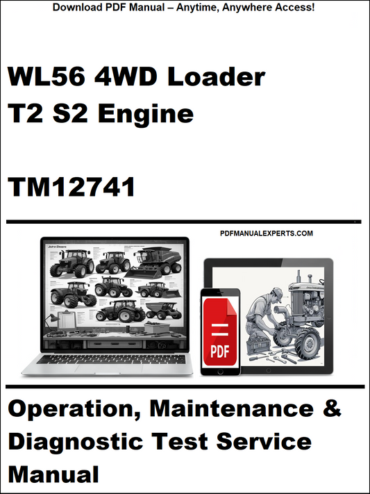 Cover of a manual for WL56 4WD Loader T2 S2 Engine TM12741 with a laptop and toolbox graphic.