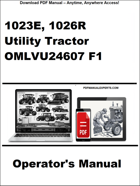 Cover of a operator's manual for 1023E, 1026R Utility Tractor with OMLVU24607 F1 on a white background.