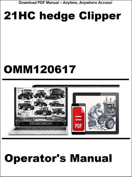 Operator's manual for 21HC hedge clipper with laptop and tractor illustrations on a white background.