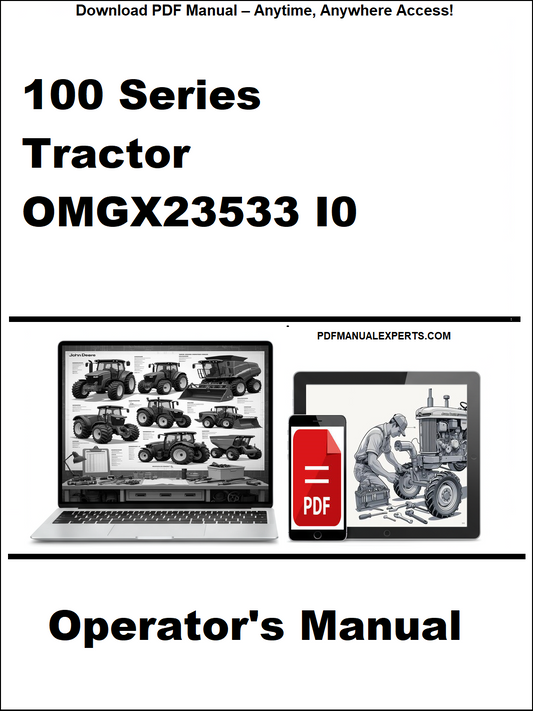Operator's manual for 100 Series Tractor OMGX23533 IO with a laptop and toolbox graphic on a white background.
