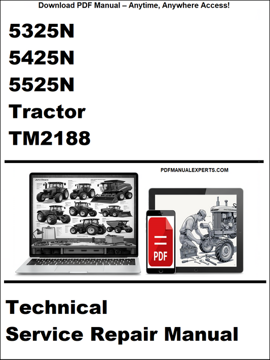 Technical service repair manual for John Deere tractors with laptop and toolbox graphic on a white background