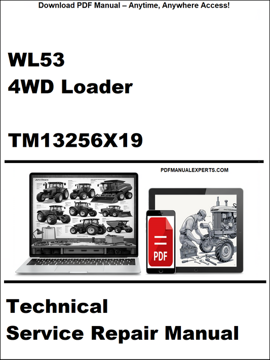 Technical service repair manual for WL53 4WD Loader with laptop and toolbox graphic on a white background.