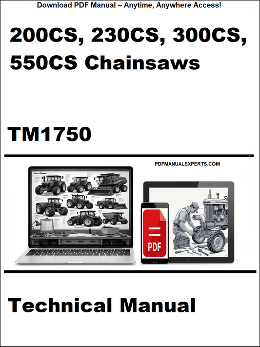 Technical manual cover for 200CS, 230CS, 300CS, 550CS Chainsaws with a laptop and toolbox graphic.