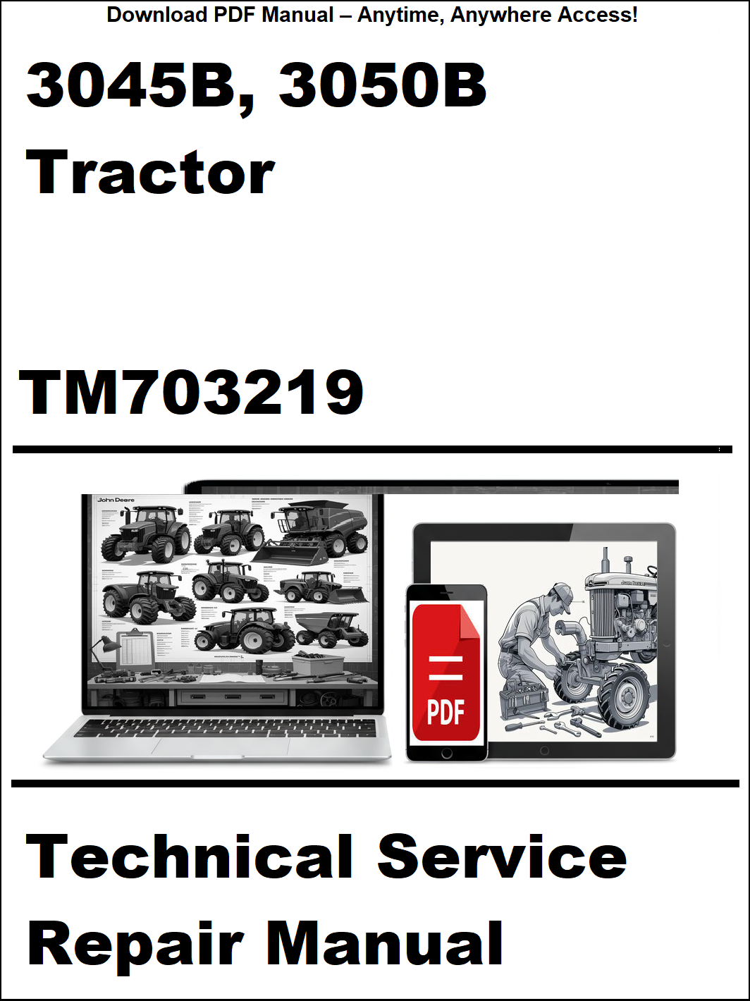 Technical service repair manual for 3045B and 3050B tractor with a laptop and smartphone icon on a white background.
