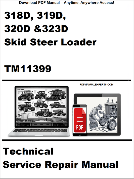 Technical service repair manual for John Deere skid steer loaders on a white background