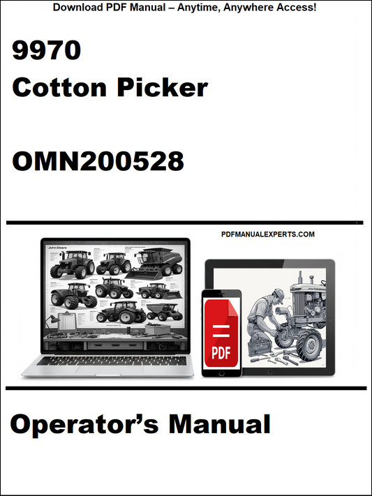 Cover of a cotton picker operator's manual with a laptop and truck illustration on a white background.