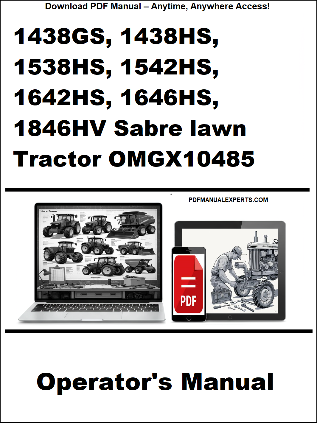 Advertisement for operator's manual of Sabre lawn tractor models with laptop and toolbox graphic.