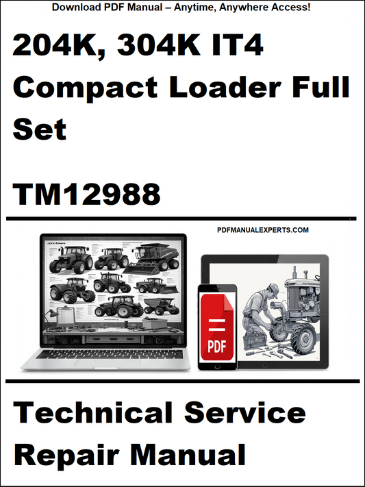 Advertisement for 204K, 304K IT4 Compact Loader Technical Service Repair Manual TM12988 on a white background.