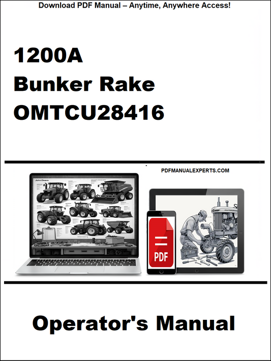 Operator's manual for 1200A Bunker Rake OMTCU28416 on a white background with laptop and truck images.