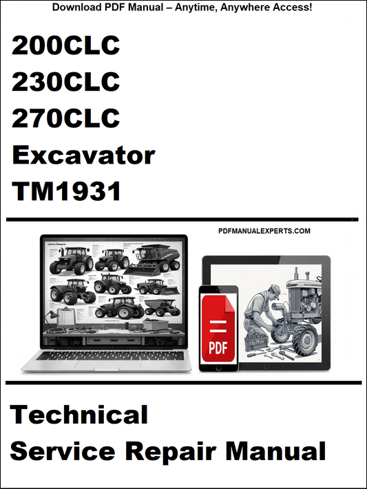 Technical service repair manual for 200CLC, 230CLC, 270CLC excavator with PDF icon and laptop illustration.