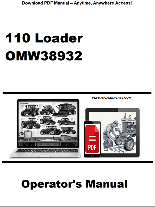 Advertisement for a 110 Loader OMW38932 Operator's Manual with a laptop and smartphone displaying the manual.