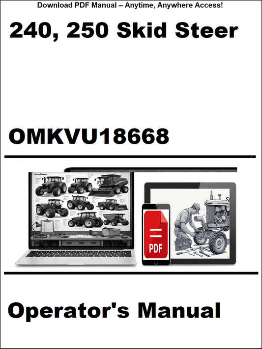 Operator's manual for 240, 250 Skid Steer with digital download icon on a white background