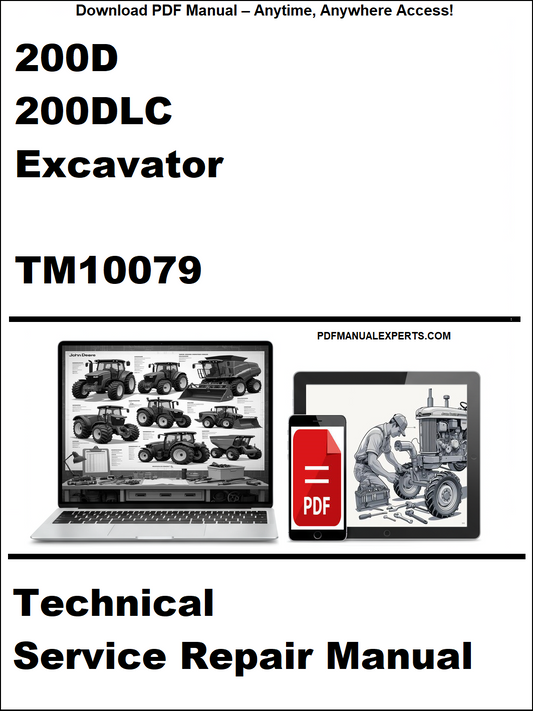 Technical service repair manual for 200D and 200DLC excavator with TM10079 on a white background.