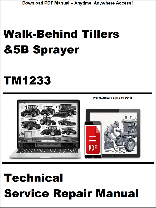Technical service repair manual for walk-behind tillers and 5B sprayer with a laptop and toolbox graphic on a white background.