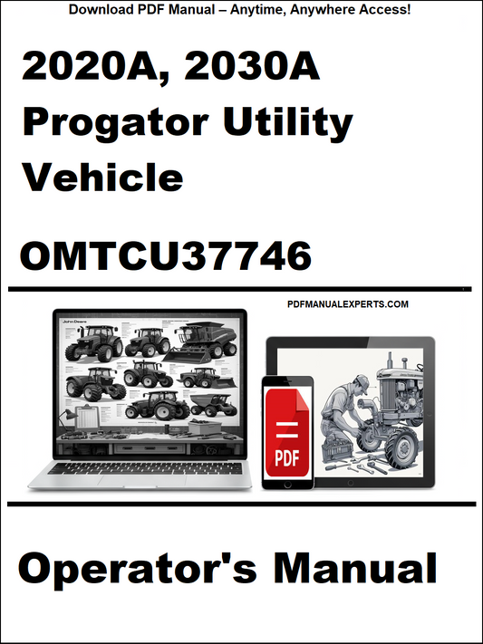 Operator's manual cover for 2020A, 2030A Progator Utility Vehicle OMTCU37746 with laptop and toolbox graphics.