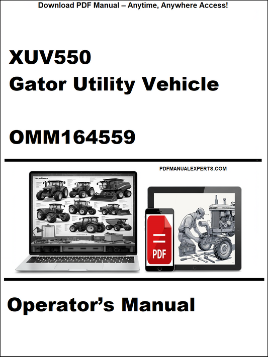 Cover of XUV550 Gator Utility Vehicle Operator's Manual with laptop and tablet icons.