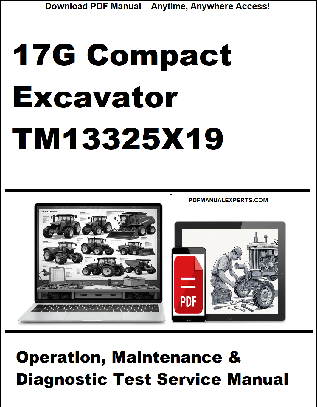 Manual cover for 17G Compact Excavator TM13325X19 with laptop and diagnostic tool images.