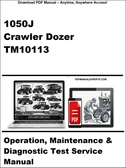 Manual cover for 1050J Crawler Dozer TM10113 with laptop and toolbox graphic.