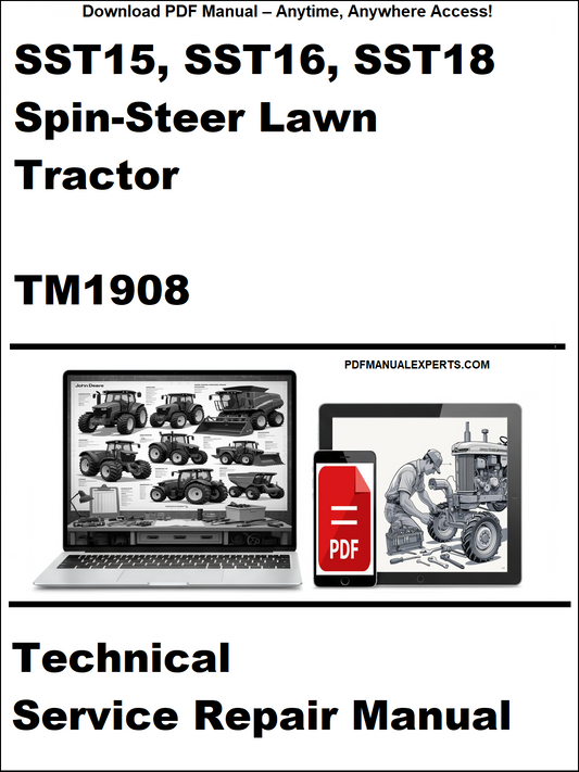 Cover of SST15, SST16, SST18 Spin-Steer Lawn Tractor TM1908 Technical Service Repair Manual with digital icons on a white background.