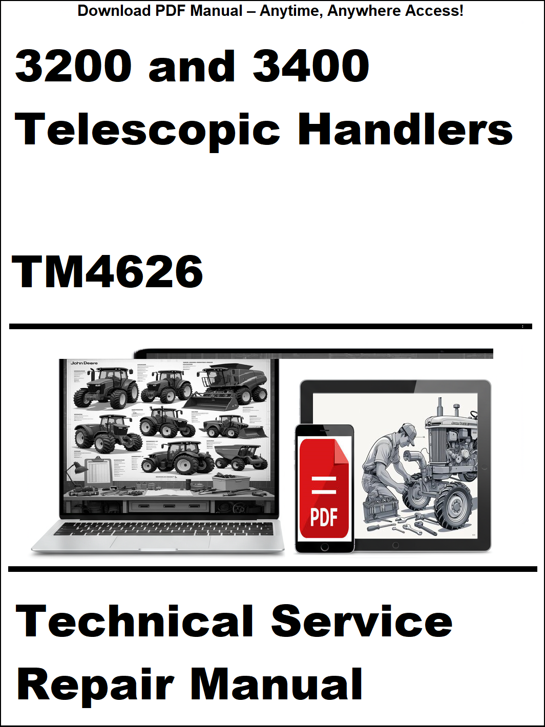 Cover of a technical service repair manual for 3200 and 3400 telescopic handlers with a laptop and toolbox graphic.
