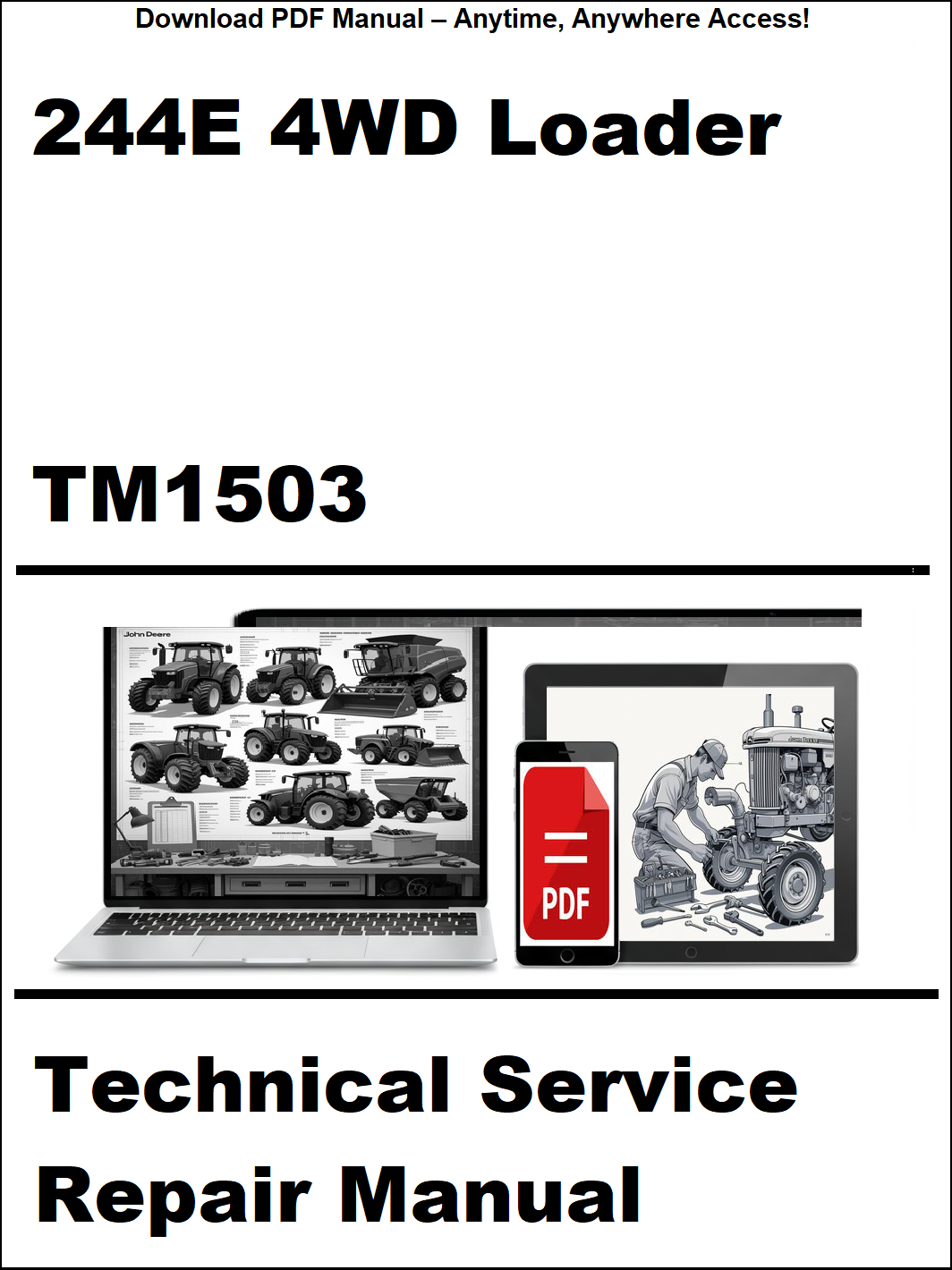 Technical service repair manual for 244E 4WD Loader with laptop and toolbox graphics on a white background.